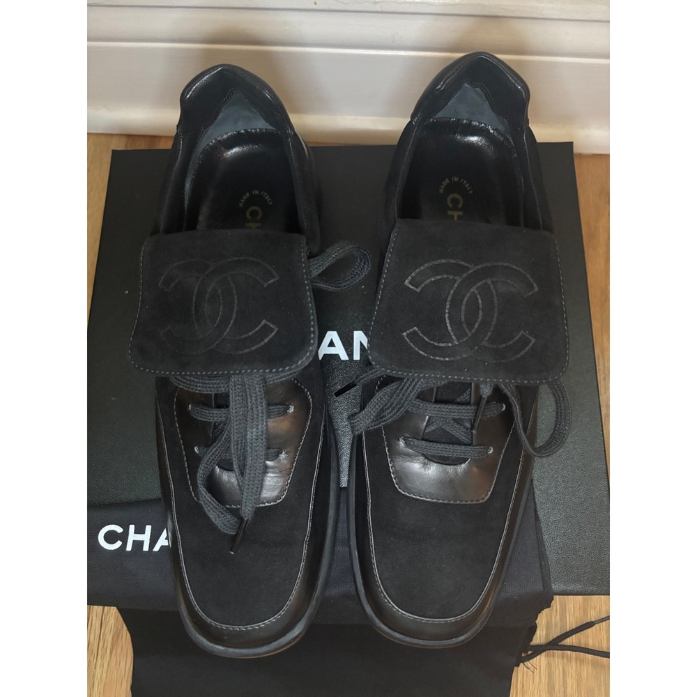 Chanel CC Logo Flap Suede Leather Sneakers Black Low Top Trainers size 38 - Picture 8 of 11